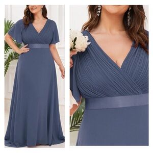 Empire Waist V Back Bridesmaid Dress with Short Sleeves